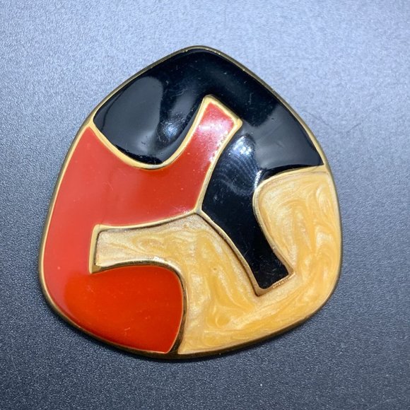 Signed Monet Vintage 1984 Gold Tone Red Black Yellow Enamel Brooch Earrings - Picture 4 of 10